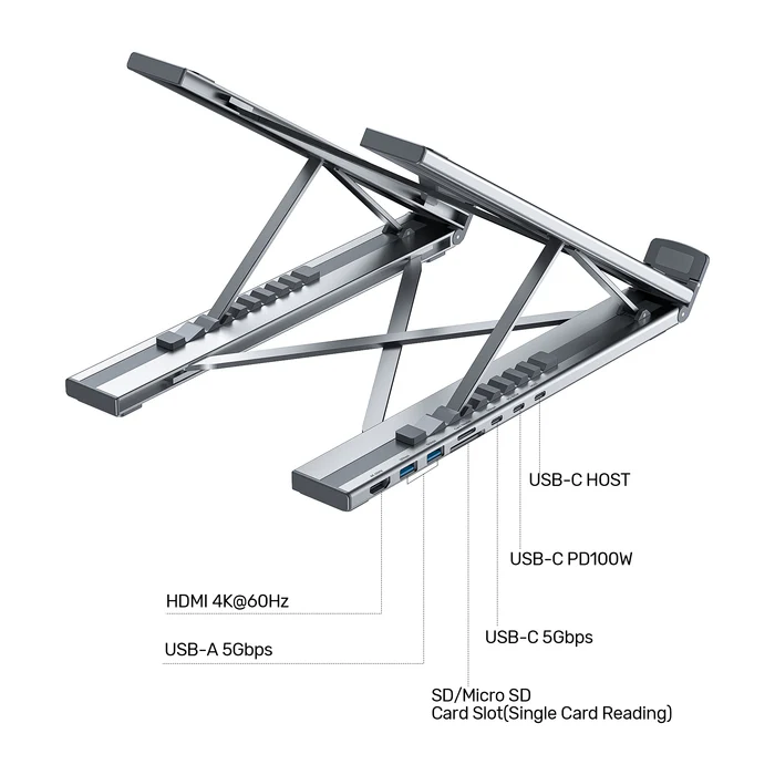 Unitek D1137A Stand for Laptop Foldable w/Hub 2xUSBA/1xC/HDMI/SD/PD100W