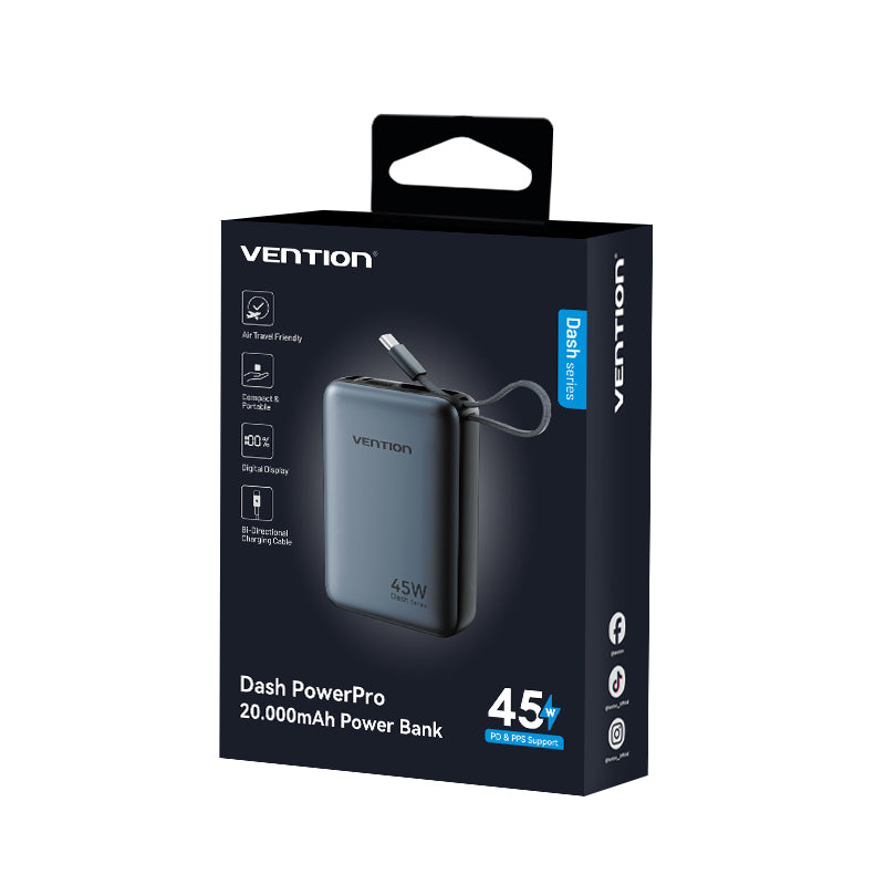 Vention Powerbank 20000mAh 45W 2xUSBC 1xUSBA + Built-in USBC Cable FHGH0-TY