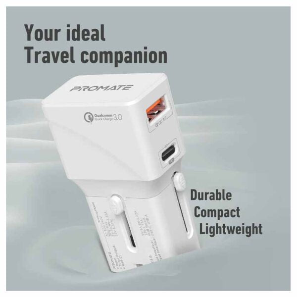 PROMATE TRIPLUG-PD20.WHITE UNIVERSAL TRAVEL ADAPTER 20W, QUICK CHARGE 3.0 WHITE