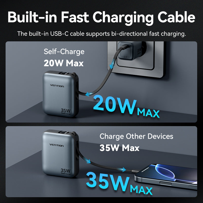 Vention Powerbank 10000mAh 35W Mini Size Built-in USBC Black FHEH0