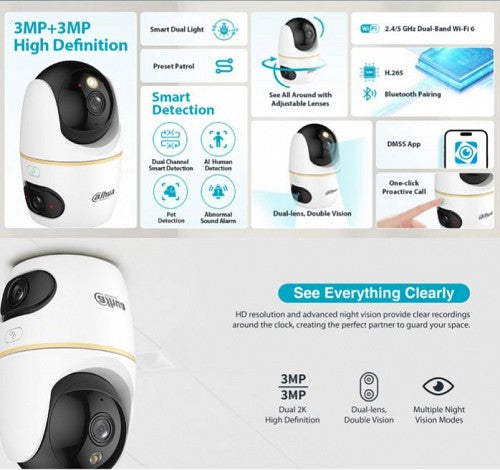 Dahua IP Indoor 3.0MP Wifi PT Dome Dual Lens H3D-3F