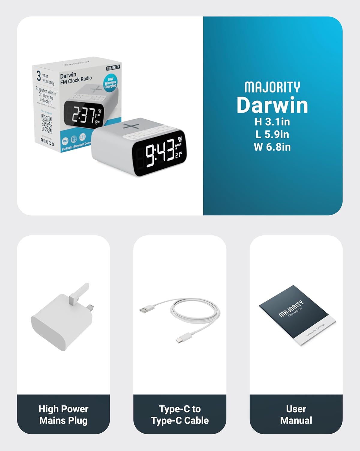 Majority Darwin Bedside Radio with Alarm Clock, Wireless Charger, FM, Bluetooth & LCD Screen with Tempereature