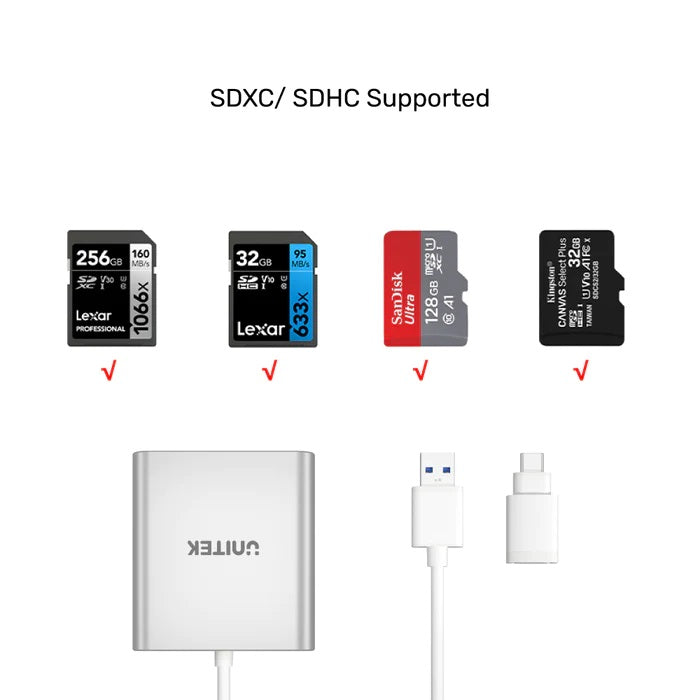 Unitek Y-9313D USB-A/C 3.0 Aluminium SD/Micro SD/CF Card Reader