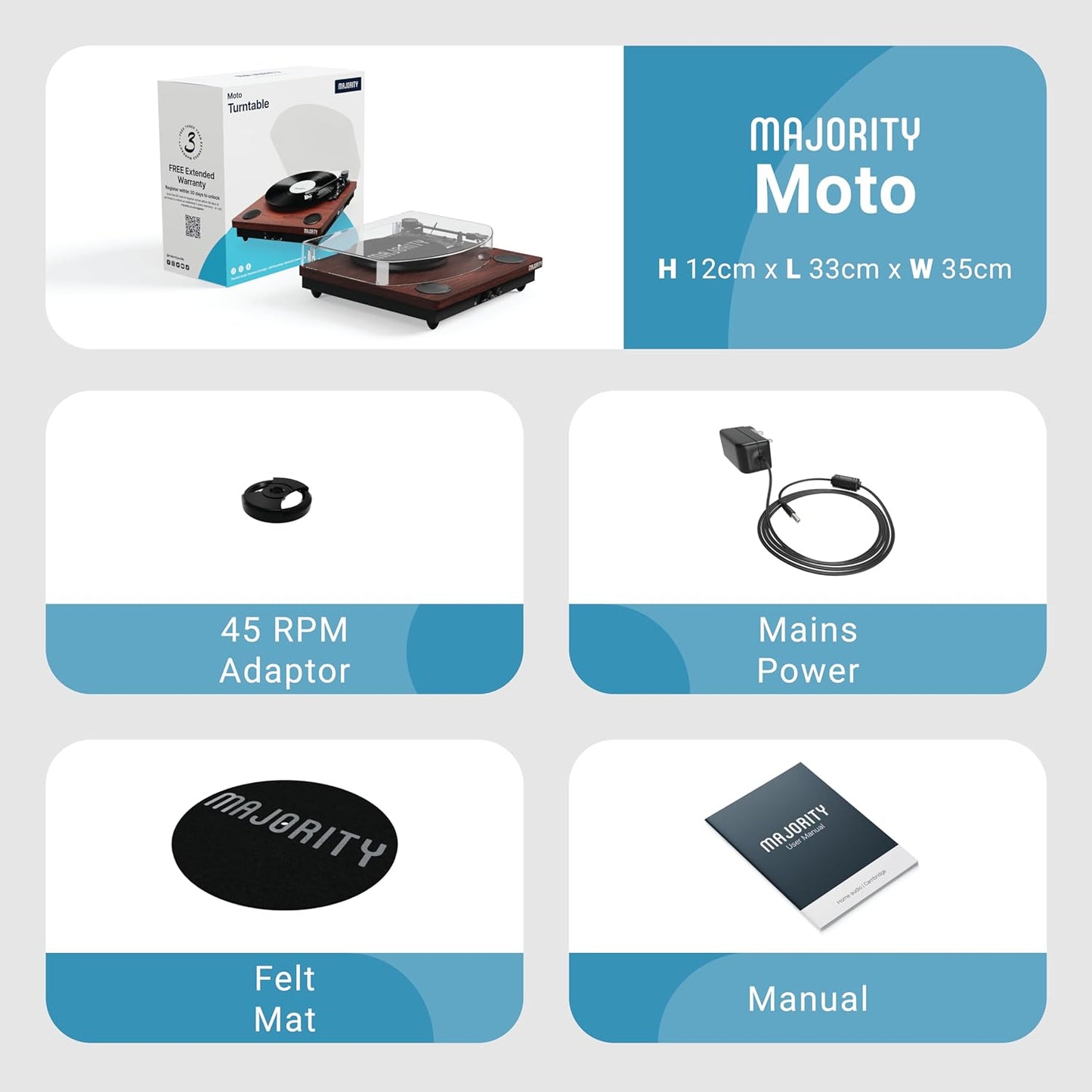 Majority MOTO Turntable Audio Technica Cartridge Digital Record, Cut & BT
