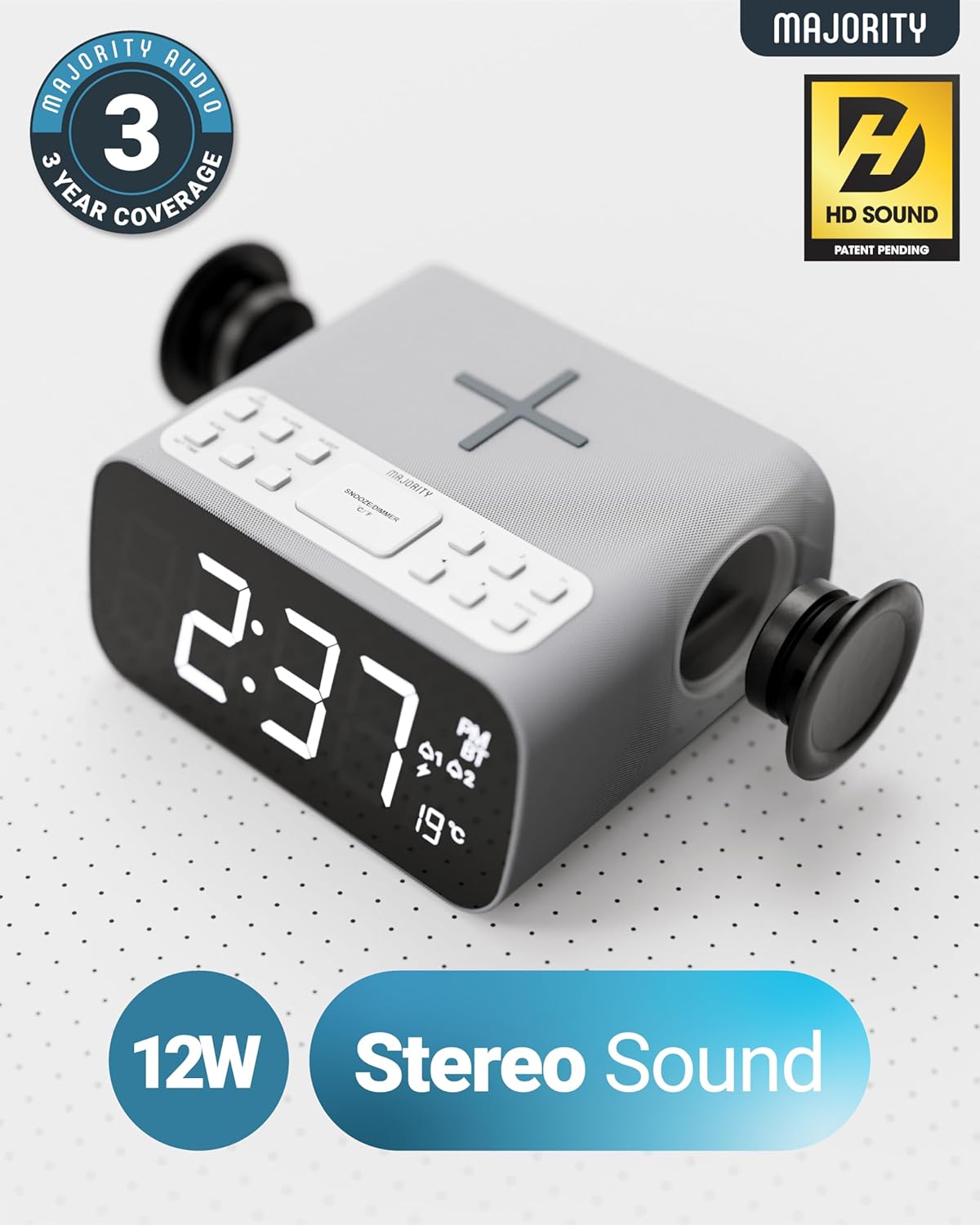 Majority Darwin Bedside Radio with Alarm Clock, Wireless Charger, FM, Bluetooth & LCD Screen with Tempereature