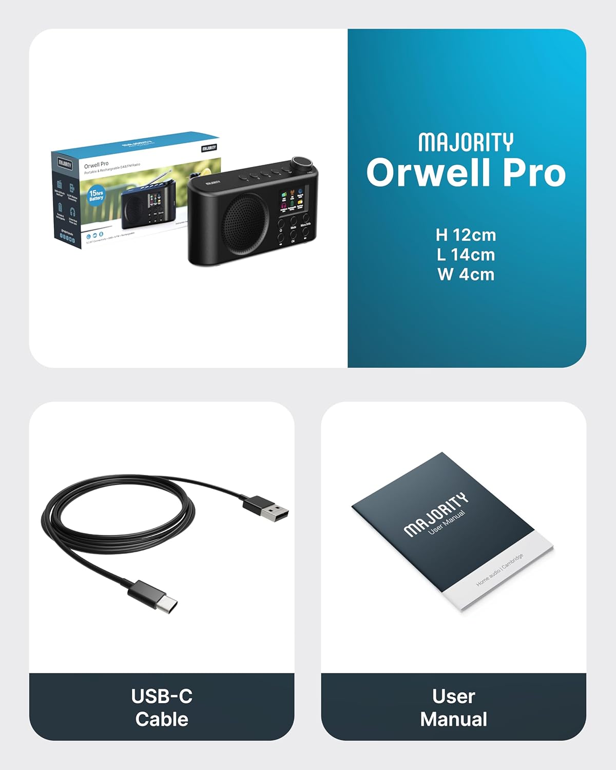 Majority ORWELL Pro Portable FM/DAB Radio with Display & Bluetooth USB-C Rechargeable