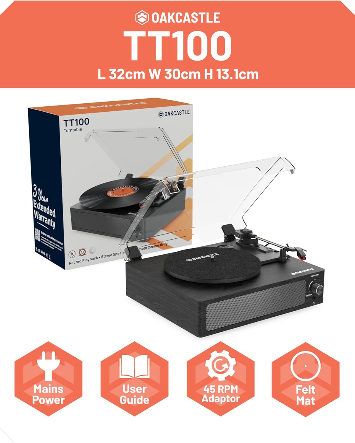 Majority Turntable TT100 Belt Drive & Integrated 20W Speakers (Oakcastle)
