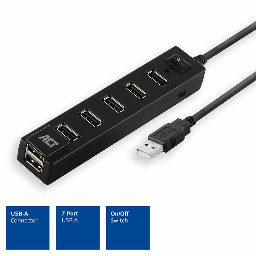 ACT, AC6215 USB HUB2.0 7-PORT, WITH ON/OFF SWITCH BLACK