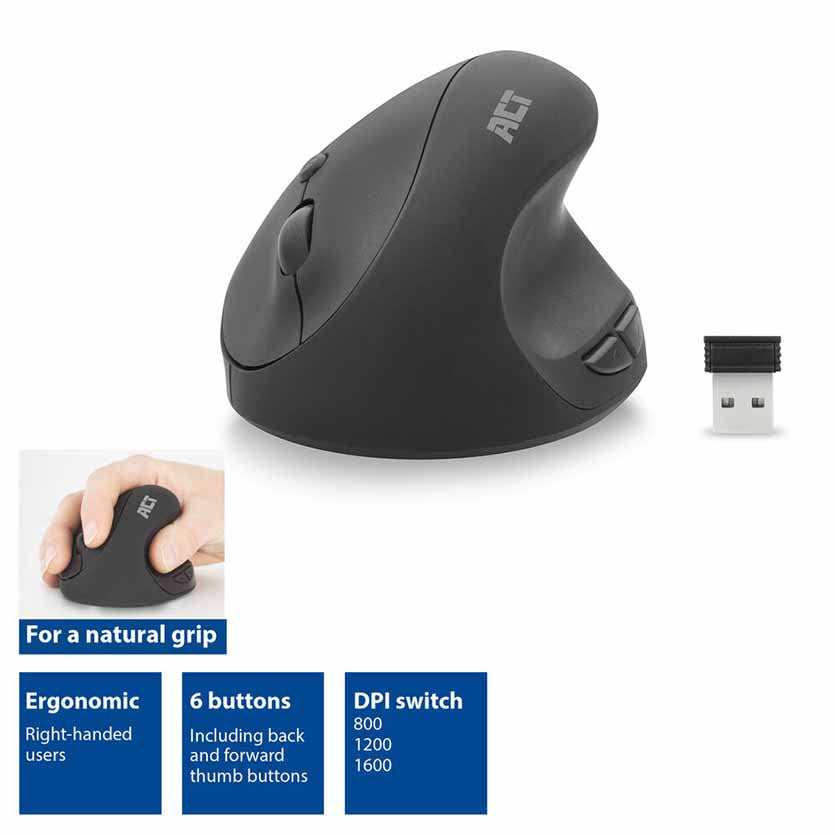 ACT, AC5101 ERGONOMIC MOUSE WIRELESS 2.4GHz USB NANO RECEIVER,1600DPI BLACK