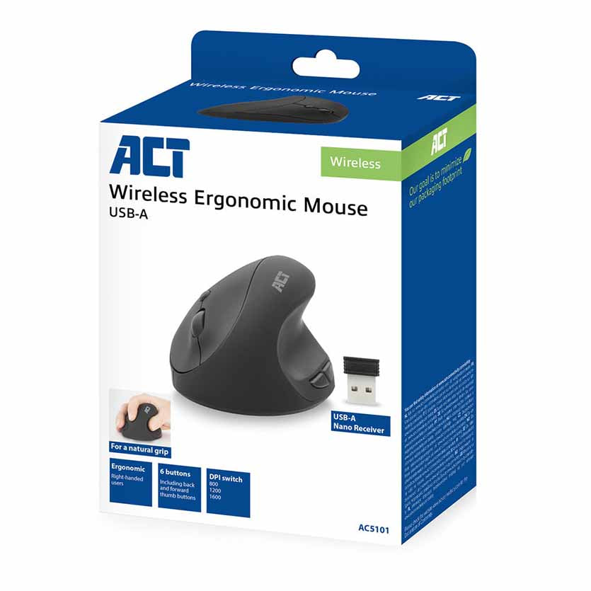 ACT, AC5101 ERGONOMIC MOUSE WIRELESS 2.4GHz USB NANO RECEIVER,1600DPI BLACK
