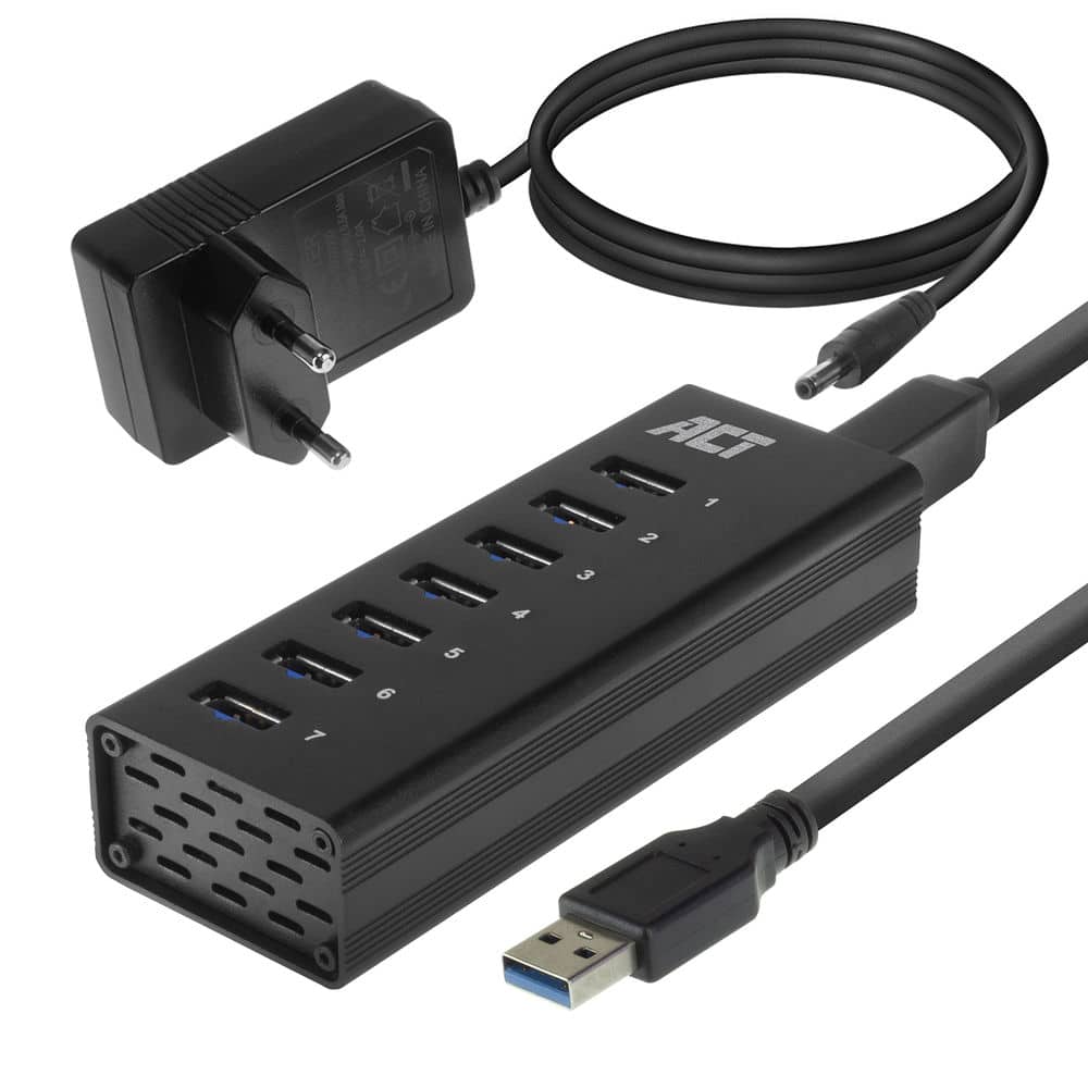 ACT, AC6315 USB HUB3.0 7-PORT 20W POWER SUPPLY BLACK