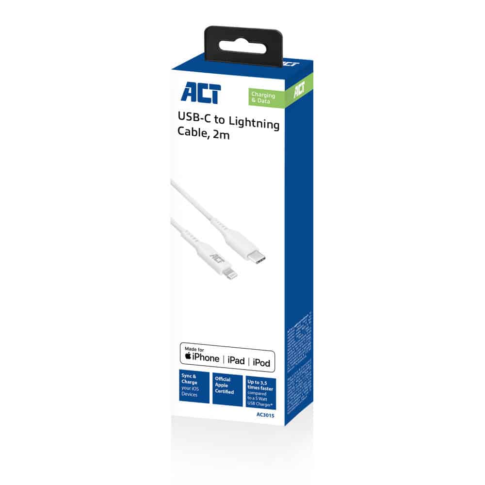 ACT AC3015 2m USB-C TO LIGHTNING M/M DATA/CHARGING CBL WHITE MFI CERTIFIED