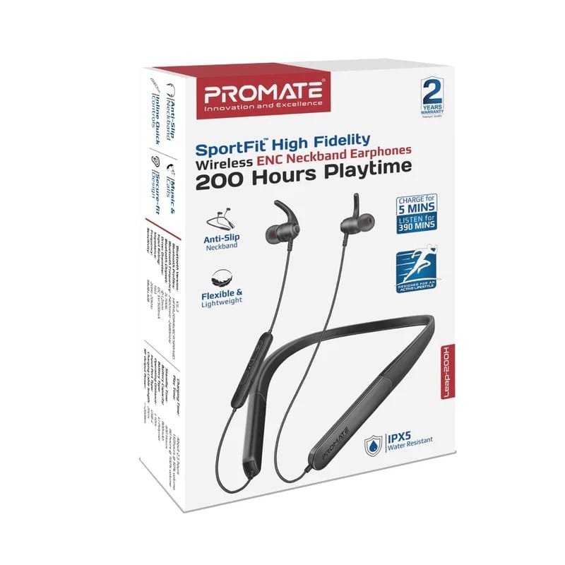 PROMATE LEAP-200H SPORTFIT™ HIGH FIDELITY WIRELESS ENC NECKBAND EARPHONES W/200 HOURS PLAYTIME BLACK