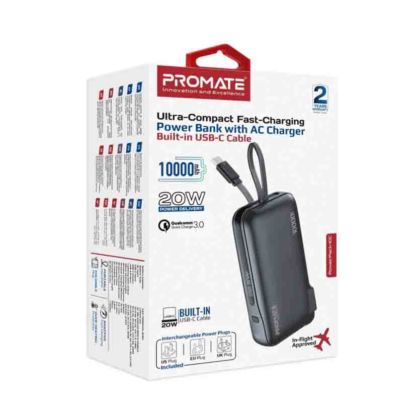 PROMATE POWERPACK-10C COMPACT-FAST CHARGING POWER BANK WITH AC CHARGER & BUILT-IN USB-C CABLE