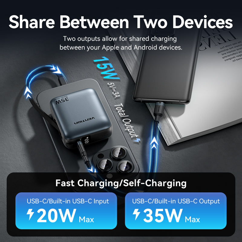 Vention Powerbank 10000mAh 35W Mini Size Built-in USBC Black FHEH0