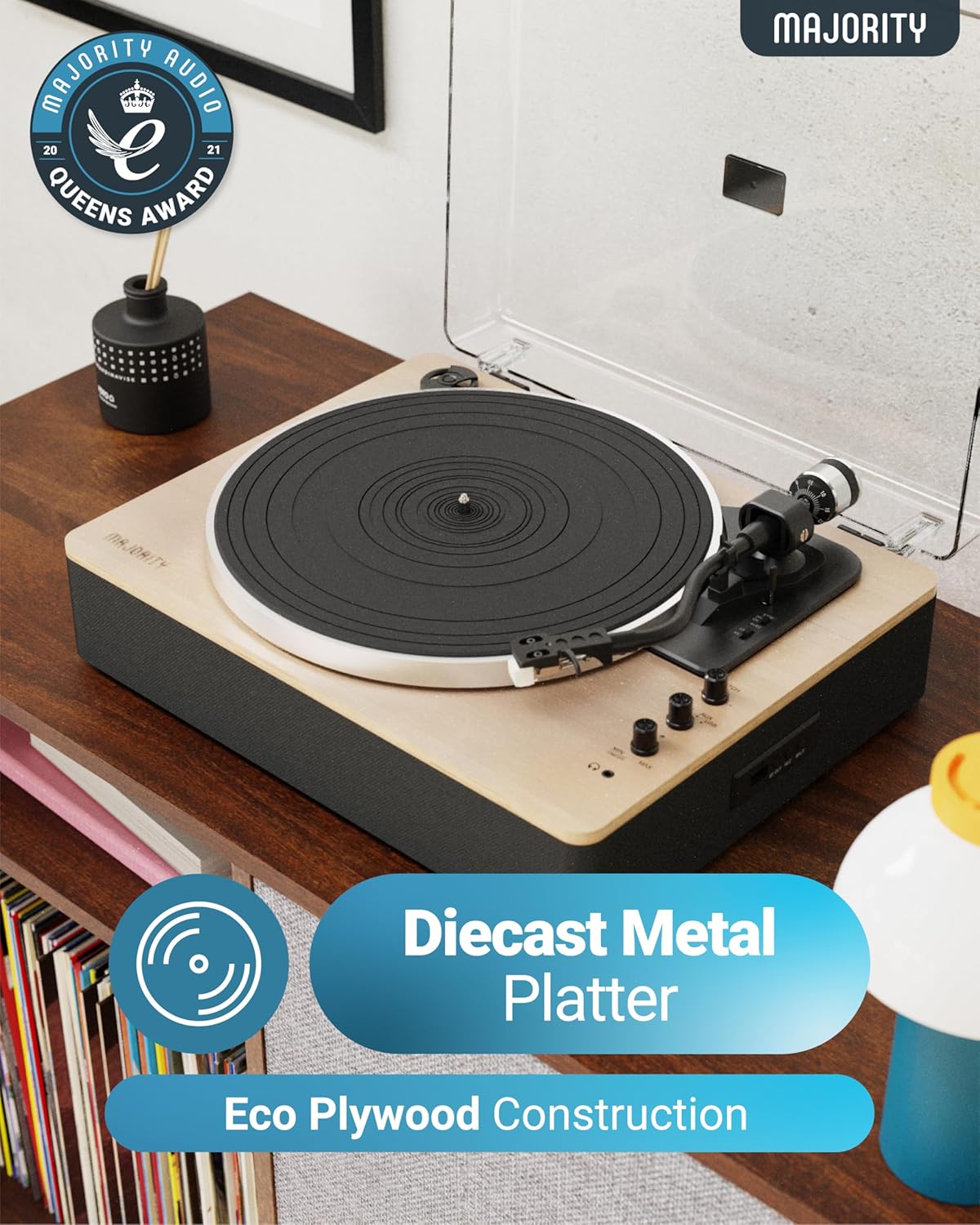 Majority Turntable FOLIO Stereo Speakers, AT3600L Cartridge & Pitch Control