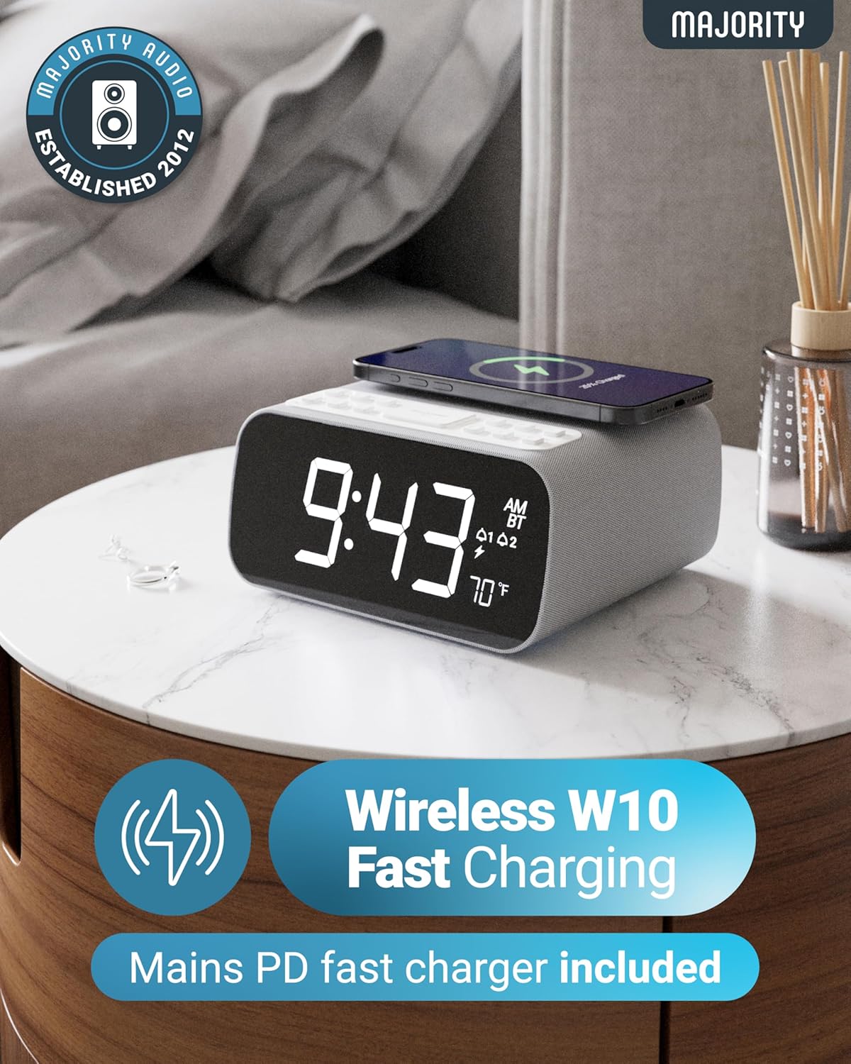 Majority Darwin Bedside Radio with Alarm Clock, Wireless Charger, FM, Bluetooth & LCD Screen with Tempereature