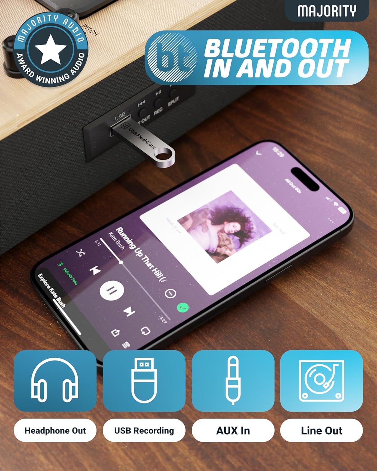 Majority Turntable FOLIO Stereo Speakers, AT3600L Cartridge & Pitch Control