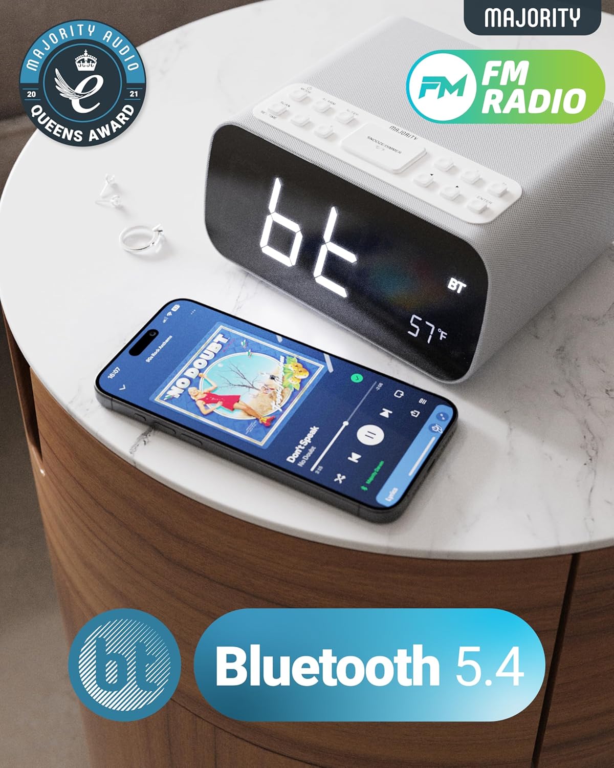Majority Darwin Bedside Radio with Alarm Clock, Wireless Charger, FM, Bluetooth & LCD Screen with Tempereature