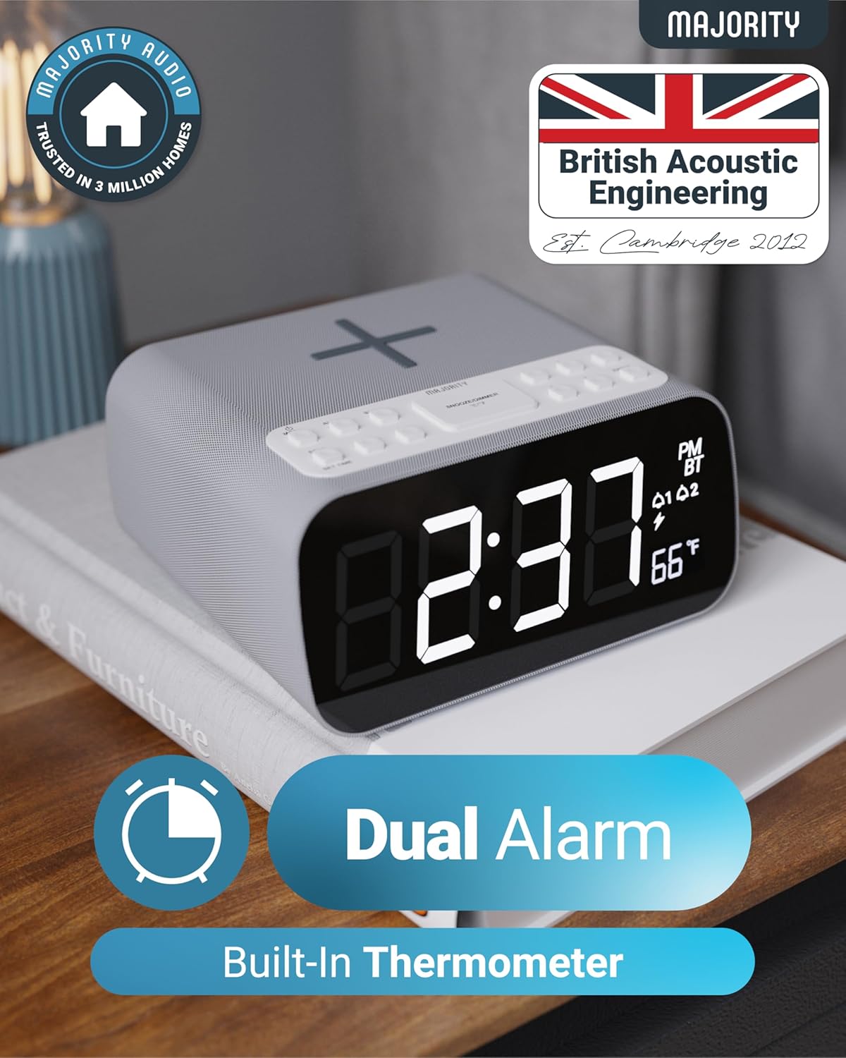 Majority Darwin Bedside Radio with Alarm Clock, Wireless Charger, FM, Bluetooth & LCD Screen with Tempereature