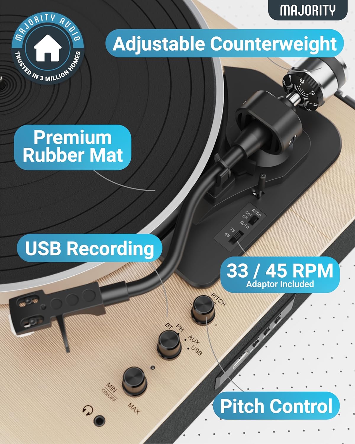 Majority Turntable FOLIO Stereo Speakers, AT3600L Cartridge & Pitch Control
