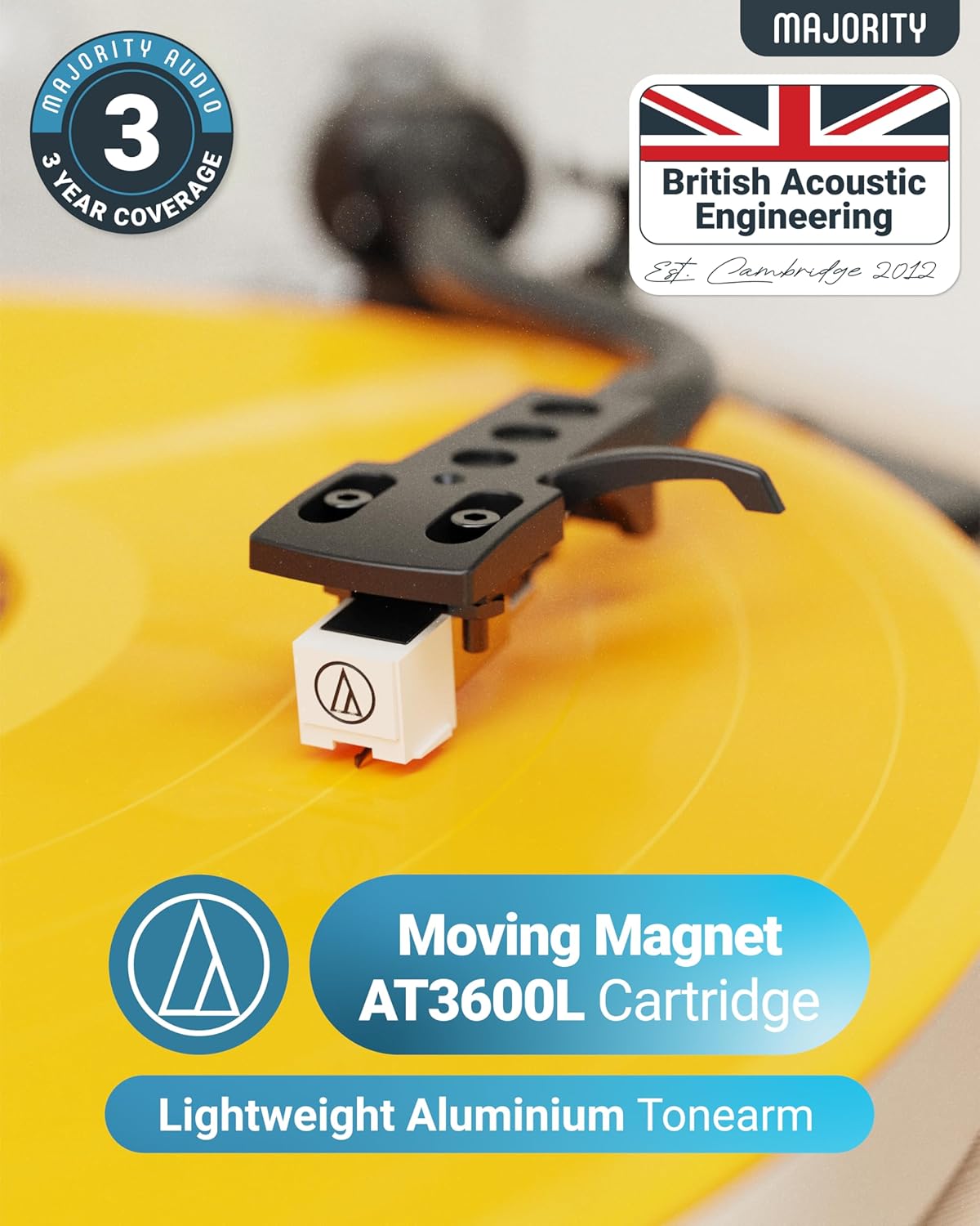 Majority Turntable FOLIO Stereo Speakers, AT3600L Cartridge & Pitch Control
