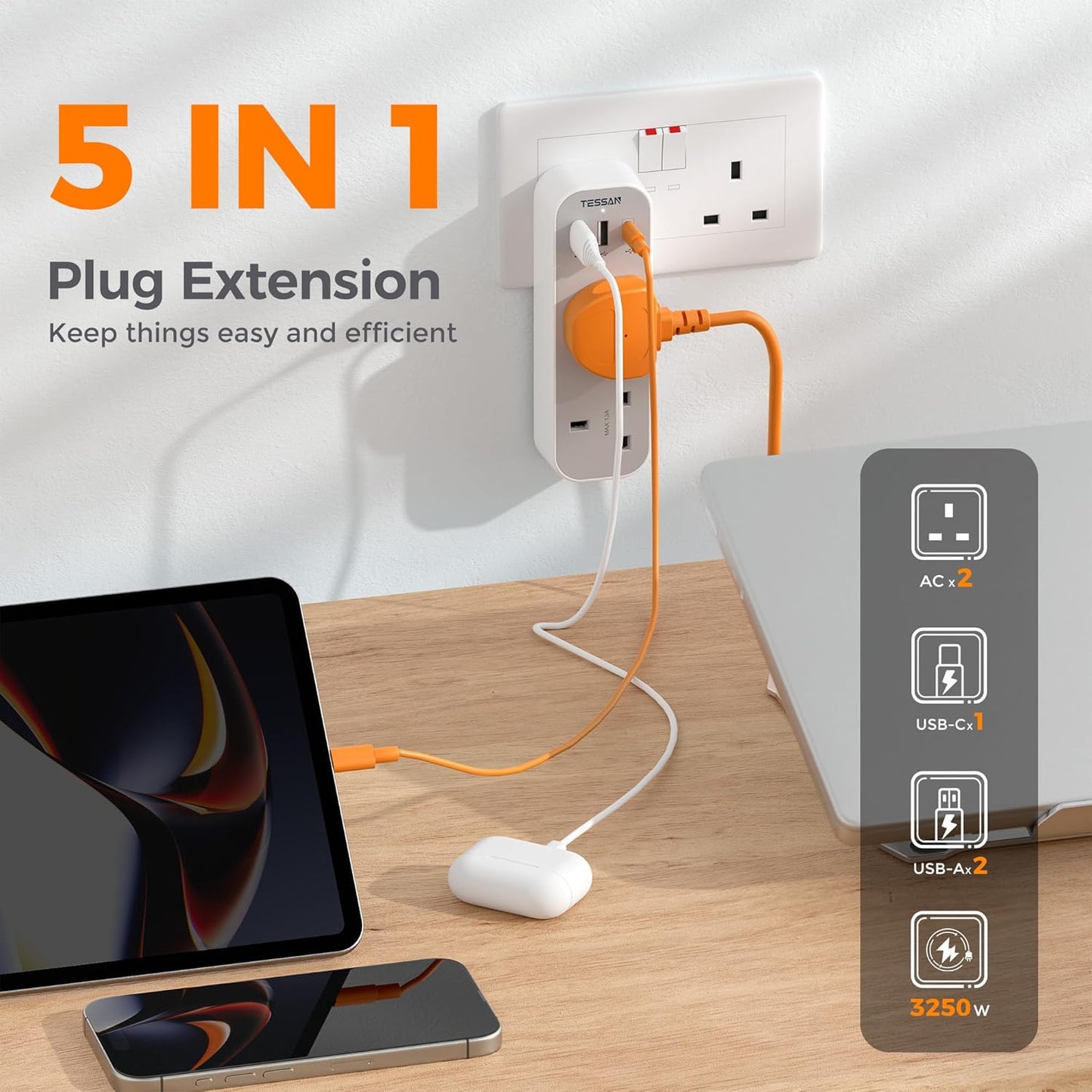 Tessan 13A TS-222-C 2-Gang plug Through UK Charger 2 USB A USB C