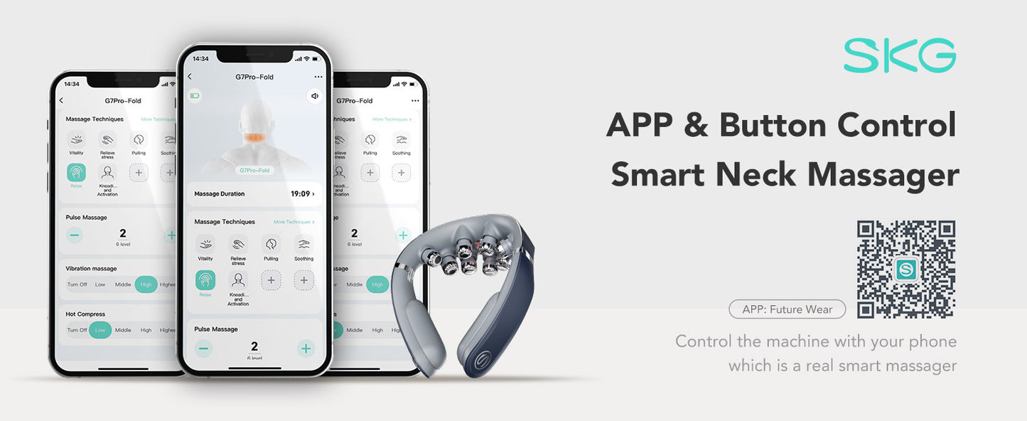 SKG G7 Pro-Fold Neck Massager Pulse-Heat-APP-Multiple Heads