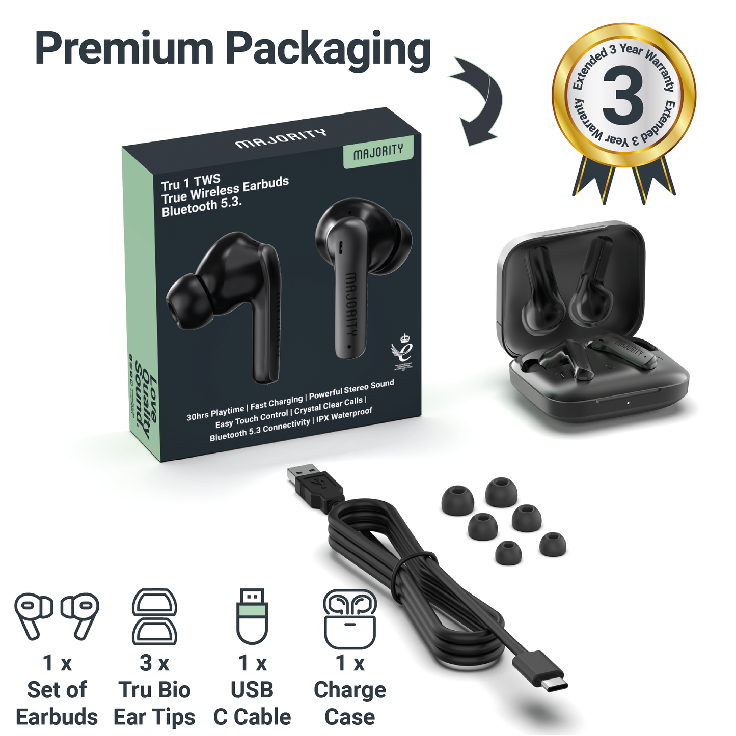 Majority TRU-1 TWS Earphones IPX7 Black