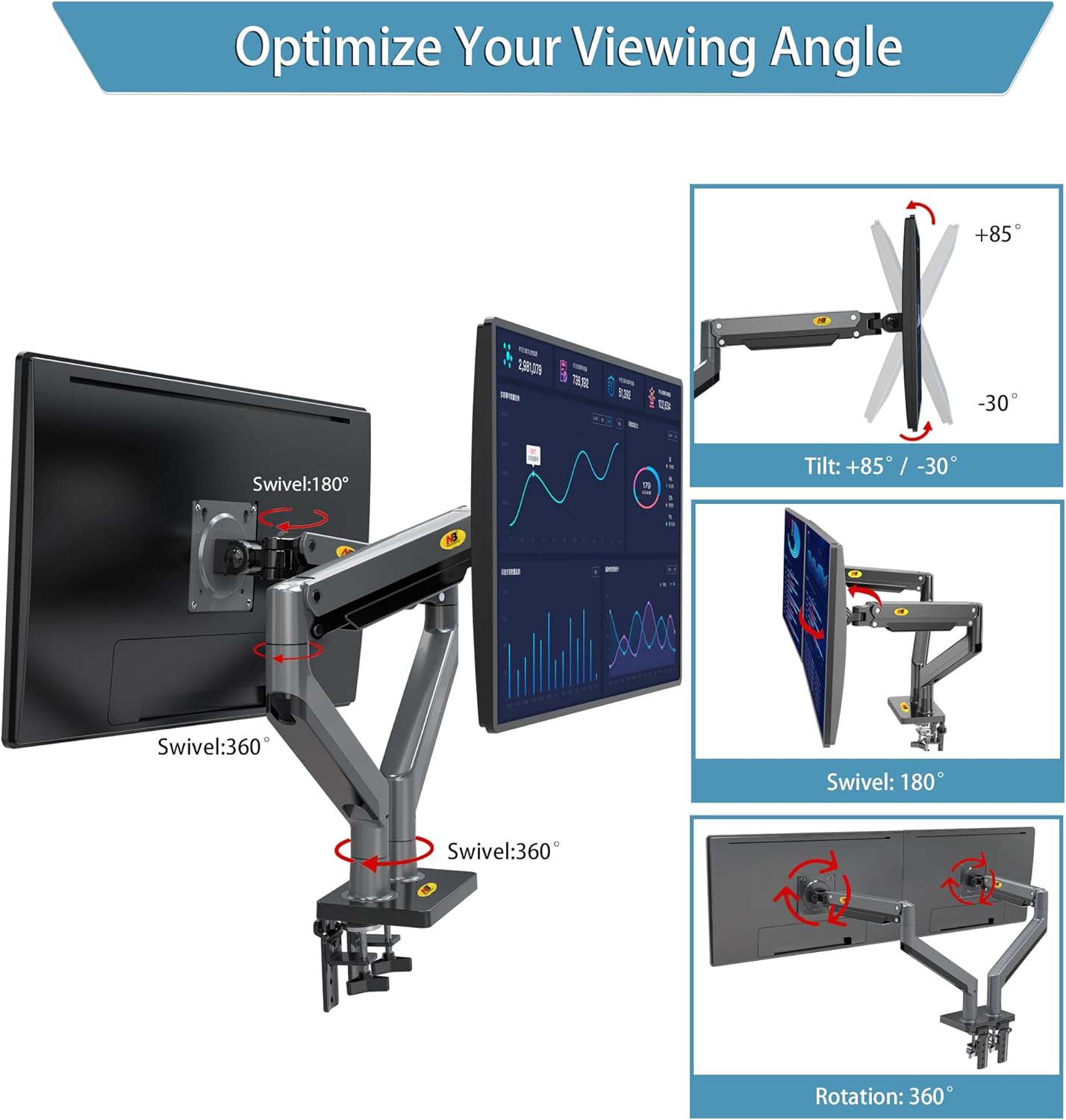 NBMounts G35 Dual Arm Extra Long Gas Monitor Desk Mount