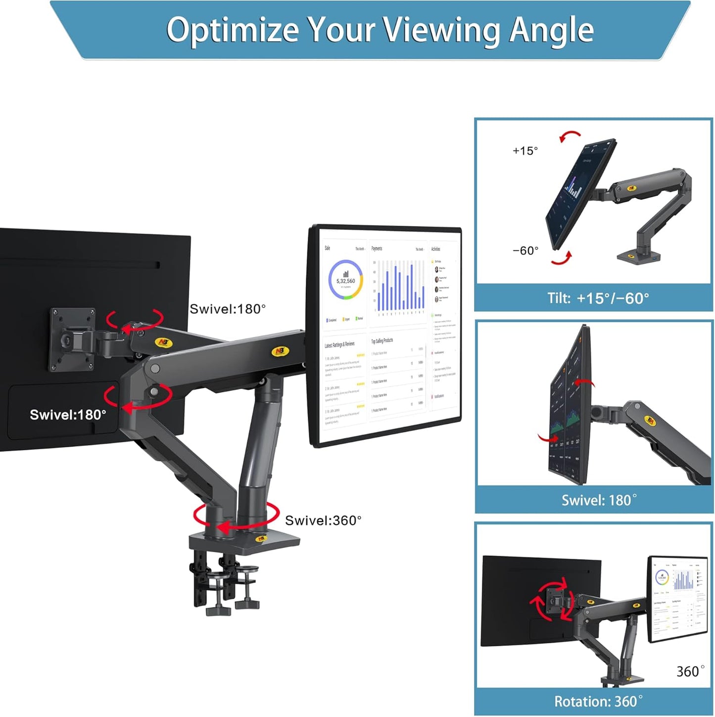 NBMounts G65 Dual Arm Heavy Duty Gas Desk Monitor Mount