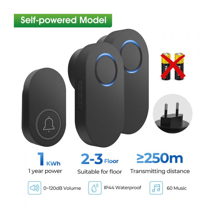 Wireless Doorbell No Need Battery 1 button + 2 receiver 250M Range UK Plug Waterproof 60 Chime 120dB