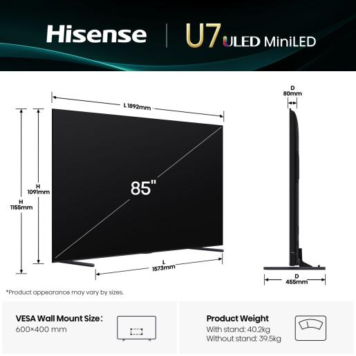 Hisense 85U7Q 85'' 4K Smart QLED MINI LED 144hz TV