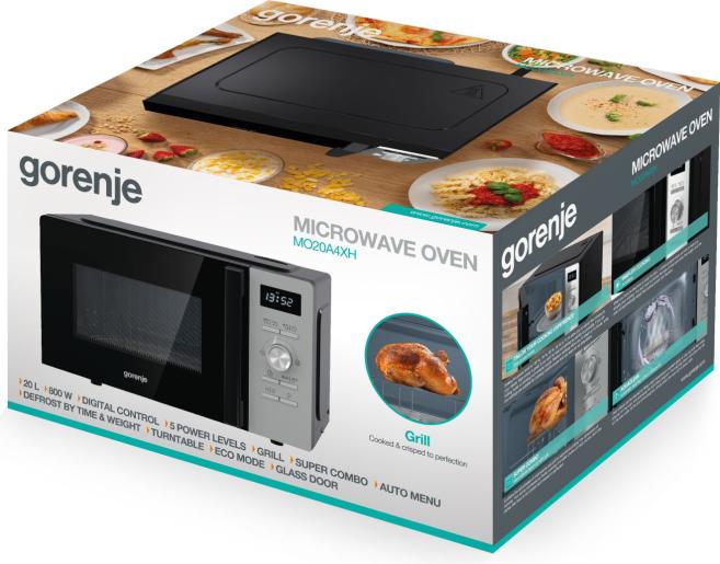 Gorenje Kitchen Microwave Oven 800W + Grill 1000W 20L 11 Programs Digital Screen MO20A4XH Inox