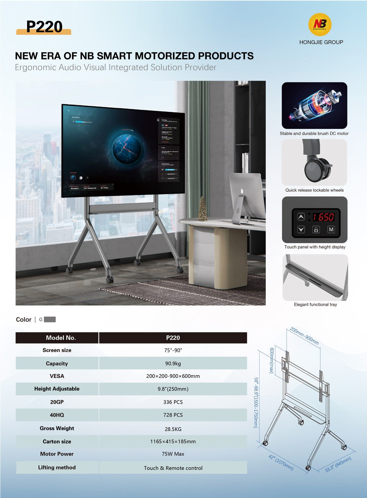 NBMounts P220 Motorized TV Trolley up to 90'' 1.75m 90kg