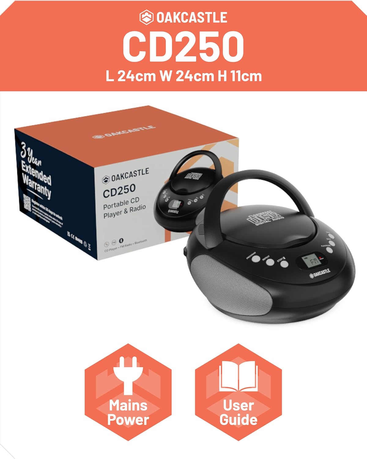 Majority Oakcastle CD250 Portable CD Player Boombox with Bluetooth & FM Radio Mains or Battery Powered