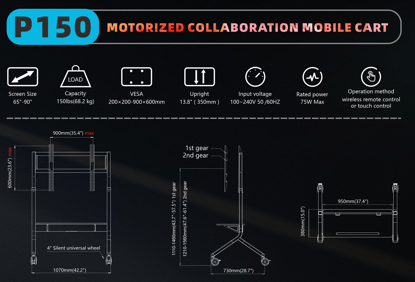 NBMounts P150 Motorized Trolley Adjustable up to 1.5m VESA 90x60 up to 90'' & 68kg