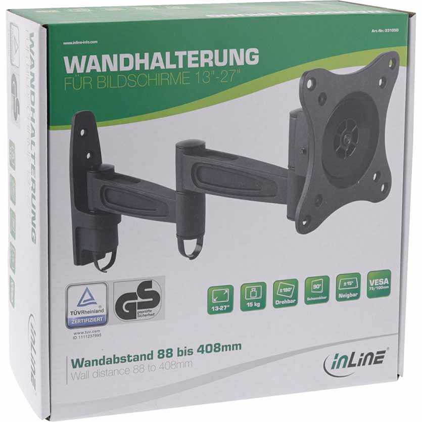INLINE 23105D WALL BRACKET FOR TFT UPTO68CM/27″ TWO PIECE ARM 15KG