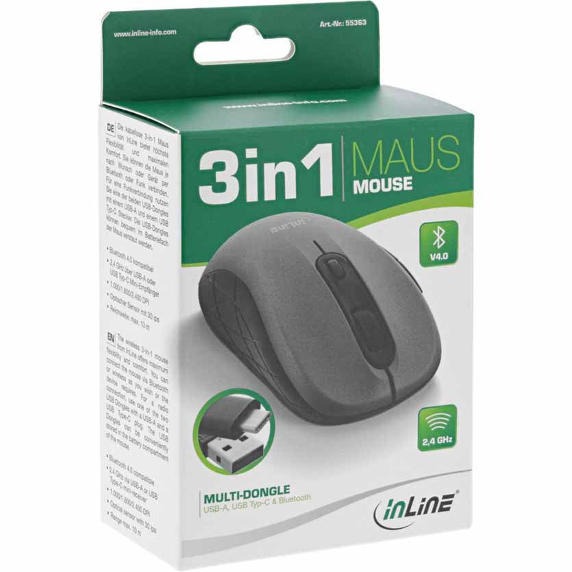 INLINE 55363 MOUSE 3 IN 1, BLUETOOTH + 2x 2.4GHz, 5 BUTTONS GREY/BLACK