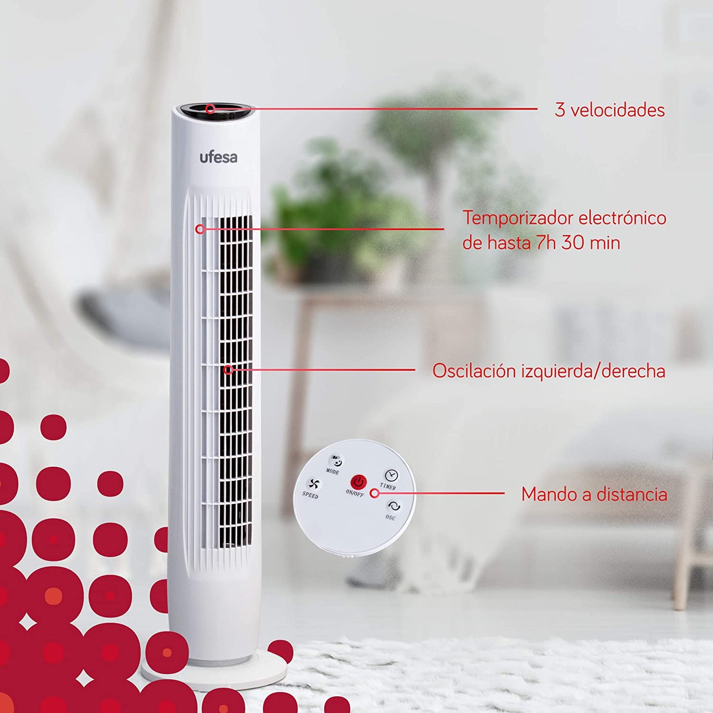 UFESA TW1500 Tower Fan with R/Control 45W 3 Speeds White