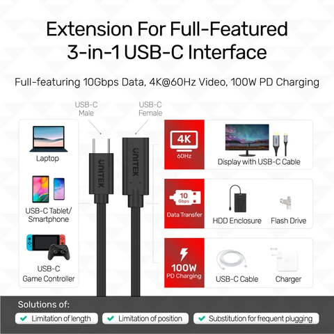 Unitek C14086ABK USB3.2 USB-C Male to USB-C Female Extension Cable PD100W 50cm