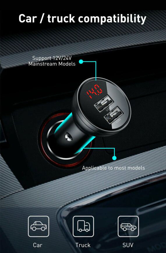 Baseus Digital Display Dual USB 24W Car Charger Black