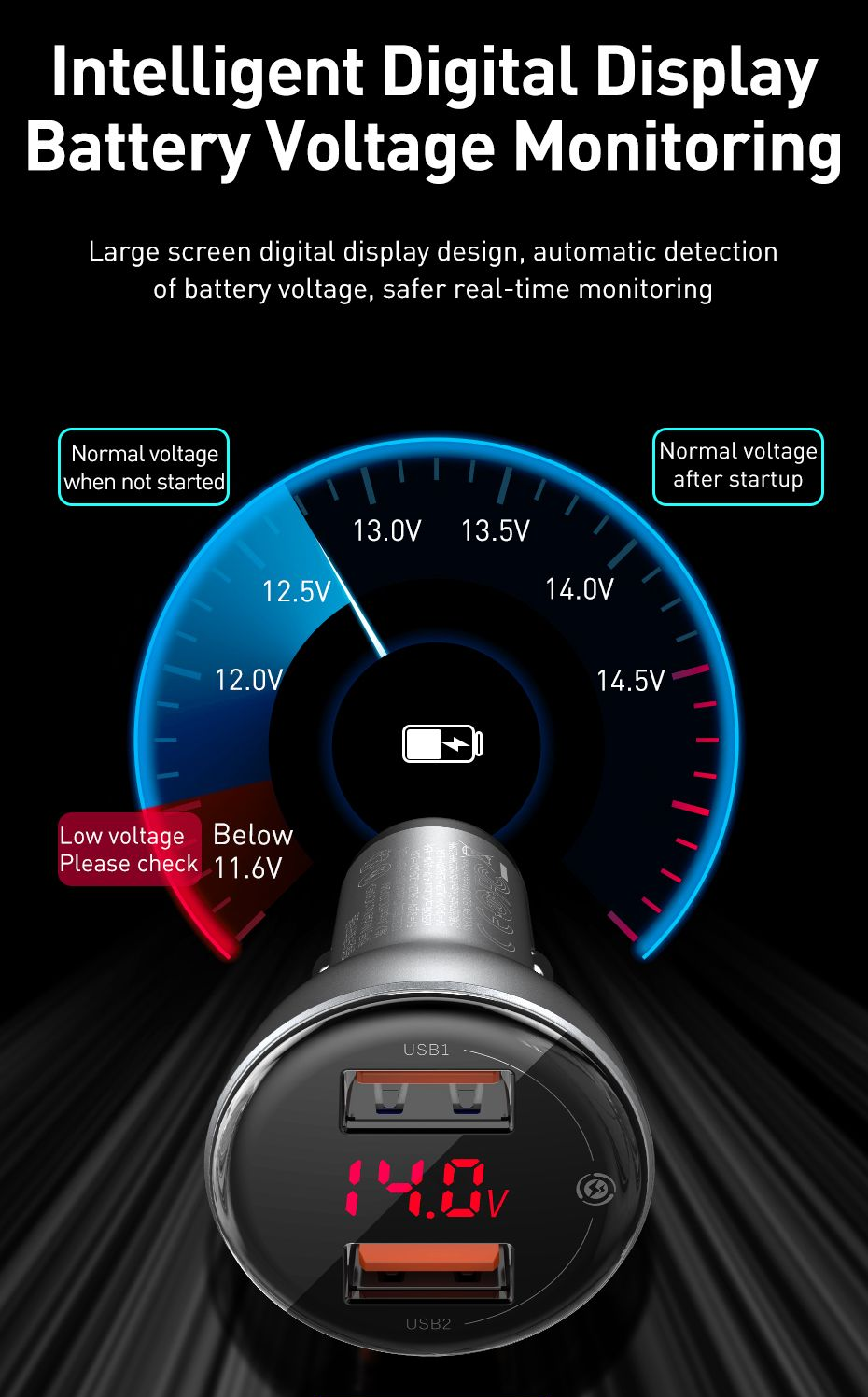 Baseus Digital Display Dual USB 45W Car Charger Black