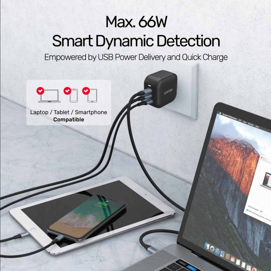 Unitek P1108ABK 66W 3in1 GaN Travel Charger Black