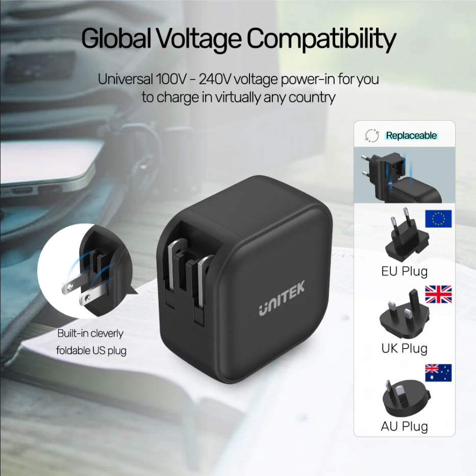 Unitek P1108ABK 66W 3in1 GaN Travel Charger Black