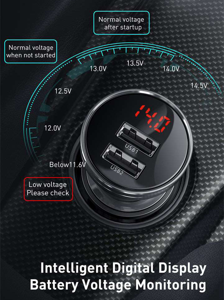 Baseus Digital Display Dual USB 24W Car Charger Black