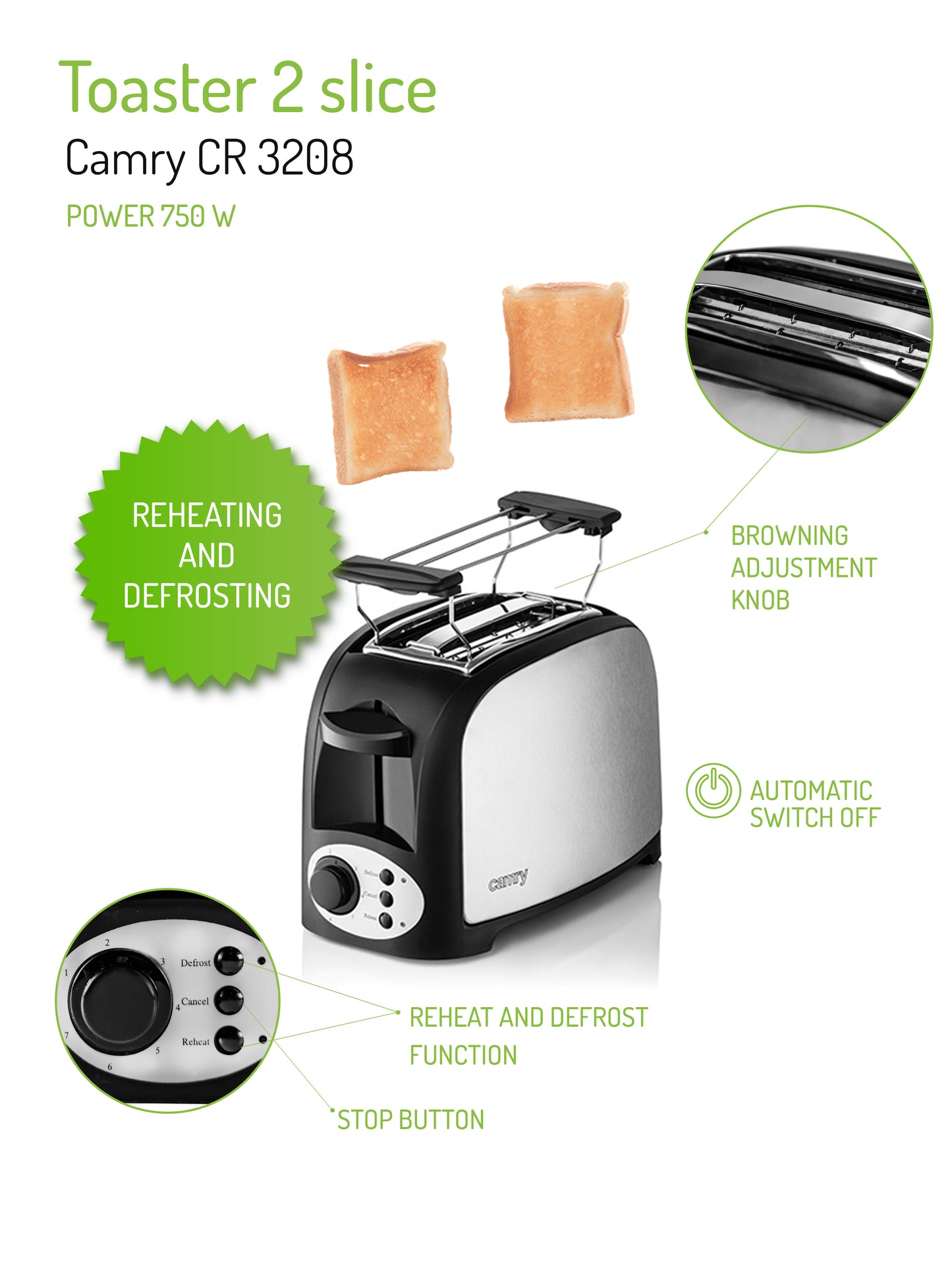 Camry CR3208 2-Slice Toaster 750W