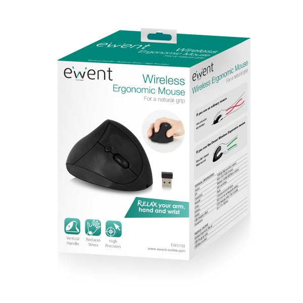 EWENT EW3150 ERGONOMIC MOUSE WIRELESS USB NANO RECEIVER,1600DPI BLACK