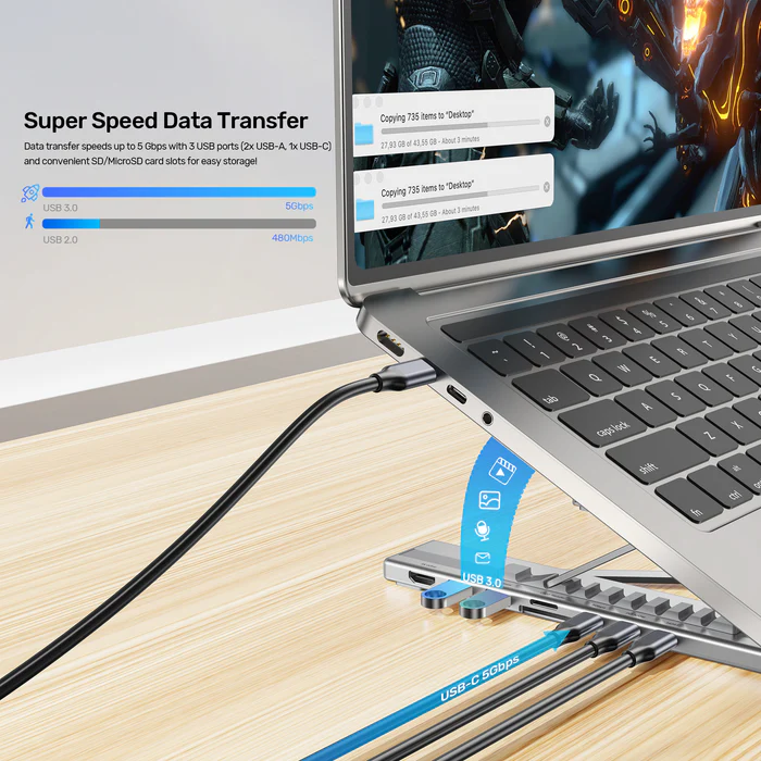 Unitek D1137A Stand for Laptop Foldable w/Hub 2xUSBA/1xC/HDMI/SD/PD100W