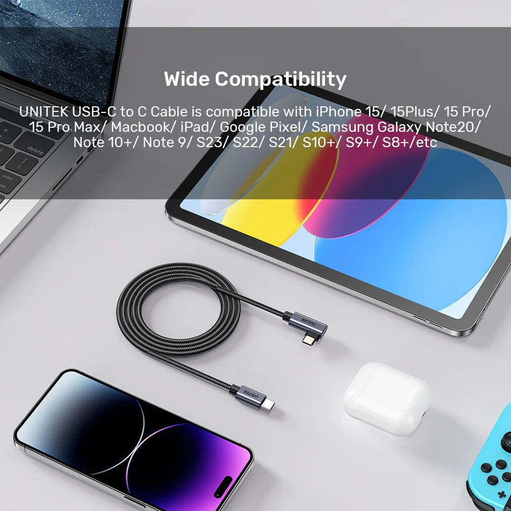 Unitek C14123BK-3M MC USB-C Cable PD100W L-Shape 3.0m